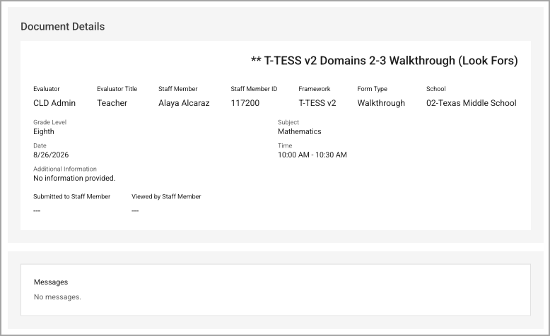 Document details for T-TESS v2 walkthrough for eighth grade mathematics evaluation.